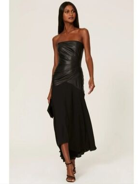Shoshana Strapless Black Faux-Leather Bodice Asymmetric Midi Dress Sz 10